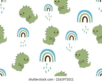 Seamless pattern with dinosaur cartoons, rainbows and falling rain on white background vector illustration. Cute childish print.