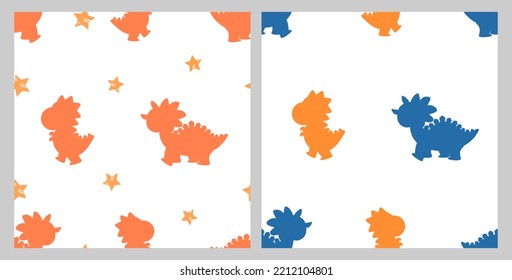 Seamless pattern with dinosaur cartoons and stars on white backgrounds. Cute cartoon character, flat design vector illustration.