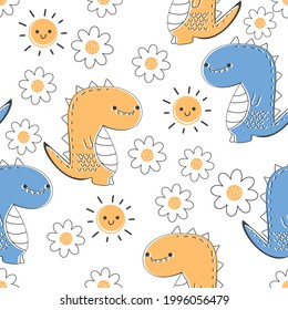 Seamless pattern with dinosaur cartoons, sun and daisy flower on white background vector illustration.