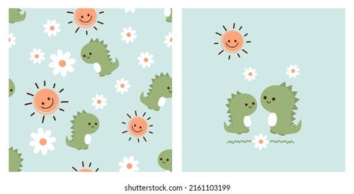 Seamless pattern with dinosaur cartoons, sun and daisy flower on green backgrounds vector illustration. Cute childish print.