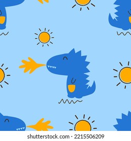 Seamless pattern with dinosaur cartoons and sun on blue background vector illustration. Cute childish print.