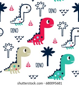 seamless pattern with dinosaur, cute dinosaur cartoon, vector textile fabric print, wrapping paper, book cover
