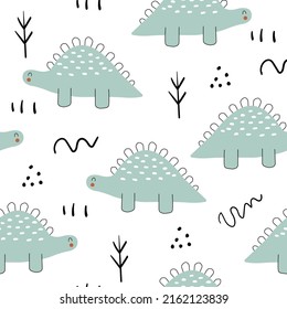 Patrón sin foco con dinosaurio en forma de doodle. Dinosaurios, árboles, puntos y garabatos. Papel tapiz infantil de moda. Diseño moderno. Vector dibujado a mano. Sobre un fondo blanco.