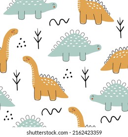 Seamless pattern with dinosaur in doodle style. Dinosaurs, trees, dots and doodles. Fashionable children's wallpaper. Modern design. Hand drawn vector. On a white background.