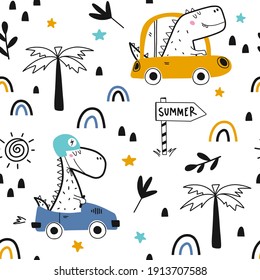 Seamless pattern with dinosaur driver. Summer travel concept. Vector illustration design for fashion fabrics, textile graphics, prints.