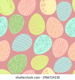 Seamless pattern of dinosaur eggs. Easter print in apostolic tones. Cute prehistoric animal. Bright children's print. Vector illustration on a white background