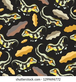 Seamless pattern with dinosaur and floral elements on a black background. Vector illustration of a velociraptor cartoon characters.