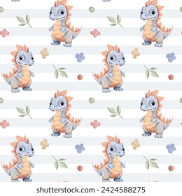 Seamless pattern with dinosaur, flowers, cute childish wallpaper. Watercolor dinosaur background in pastel colors