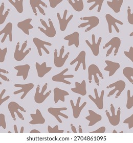 Padrão contínuo com pegadas de dinossauro no fundo cinza. Modelo para impressão, tecido, papel de parede, papel de embrulho. Ilustração vetorial