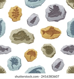 Seamless pattern of dinosaur fossil, ancient fish skeleton and stone plant imprint. Paleontology vector background with cartoon prehistoric animal skull, flower, seashell and leaf fossils, archaeology