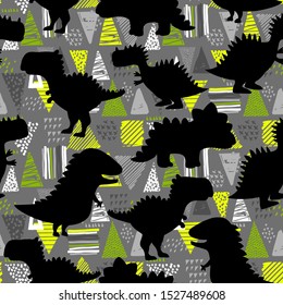 Seamless pattern with dinosaur on geometric background. Print for little boys