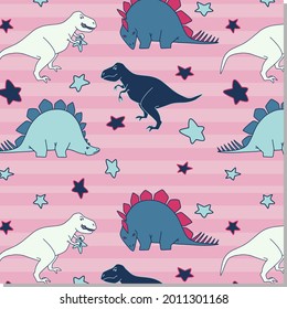 Seamless pattern with dinosaur on pink background. Print for kids.