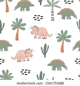 Seamless pattern with dinosaur palm and cactus. Vector illustration for printing on fabric, postcard, wrapping paper, book, picture, Wallpaper. Cute baby background.