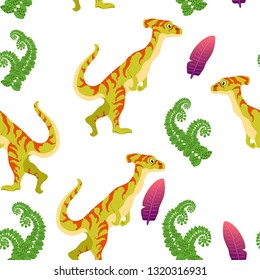 seamless pattern, dinosaur, palm leaves vector