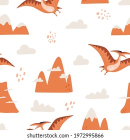 Seamless pattern with dinosaur pterodactyl, mountains and cloud. Hand drawn vector illustration for baby textile or packaging.