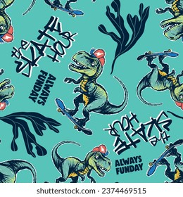 Seamless pattern of a dinosaur riding a skateboard and typography background elements