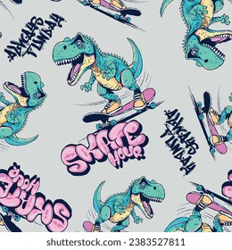 Seamless pattern of a dinosaur riding a skateboard and graffiti typography background elements