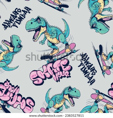 Seamless pattern of a dinosaur riding a skateboard and graffiti typography background elements