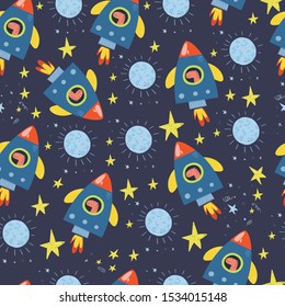 Seamless pattern dinosaur in rocket flat vector illustration.  Scandinavian style animal traveling in space. Children textile.