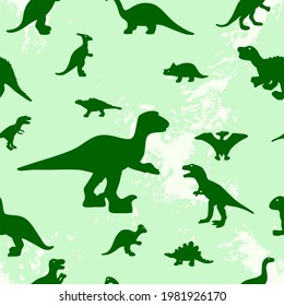 Seamless pattern with dinosaur silhouette on texture spots. Fabric textile, wrapping, packaging paper, wallpaper. Vector illustration