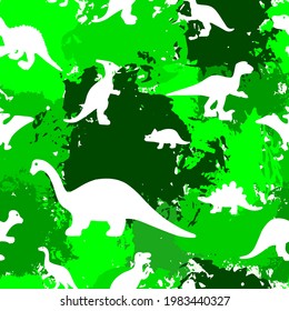 Seamless pattern with dinosaur silhouette on green watercolor spots. Prehistoric wild animals concept. Child background. Vector wallpaper. Wrapping, fabroc textile. 