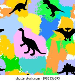 Seamless pattern with dinosaur silhouette on colorful watercolor spots. Vector background. Endless backdrop. Wrapping, digital paper, fabric textile for children. Prehistiric animal