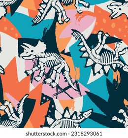 Seamless pattern of a dinosaur skeleton and abstract leaves background elements. For Boys swim wear.