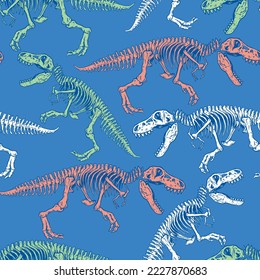 Seamless pattern of a dinosaur skeleton background elements