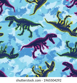 Seamless pattern of a dinosaur skeleton and tie dye background elements. For Kids swim wear