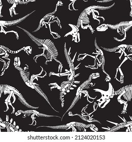 Seamless pattern of dinosaur skeletons in isolate on a black background. Vector illustration.