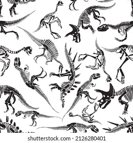 Seamless pattern of dinosaur skeletons in isolate on a white background. Vector illustration.