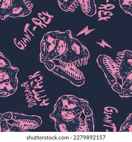 Seamless pattern of a dinosaur skull and typography background elements.