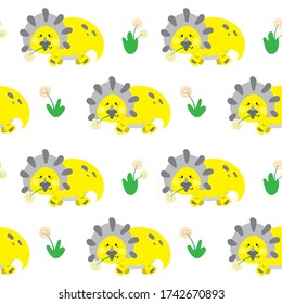 Seamless pattern of dinosaur triceratops. Colorful seamless texture for kids. Swatch of cartoon background. Stock vector illustration on white background.