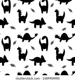 Seamless pattern with dinosaur. Vector version. Dino print. Black contour on white background.