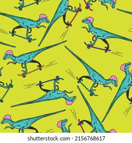 Seamless pattern with dinosaur velociraptor on skateboard and hat. Background for t-shirt, stationery, clothes, web, poster, cards and other designs.