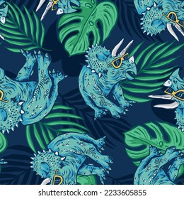 Seamless pattern of a dinosaur wearing sunglasses and hat with tropical leaves background elements