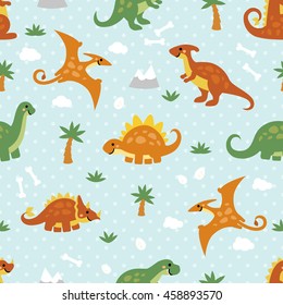 Seamless pattern with dinosaur world on blue polka dot background. Art vector illustration
