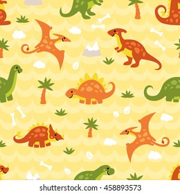 Seamless pattern with dinosaur world on warm wave background. Art vector illustration