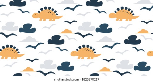 Seamless pattern with dinosaurs, birds and clouds. Vector illustration for children. Use for print surface design, children's fashion