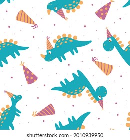 Seamless pattern of dinosaurs in birthday hat. Perfect for kids design, fabric, wrapping, wallpaper, textile, home decor.
