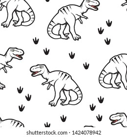 Seamless pattern with dinosaurs black and white.  Vector illustration, design of wild animals, reptiles, for printing on fabric, clothing, packaging paper, bedding, printing, postcards. 