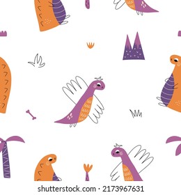 Seamless pattern with dinosaurs in bright colors. Colorful cute vector illustration perfect for nursery decoration, holiday decor, posters and textiles.