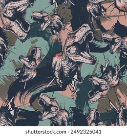 Seamless pattern of a dinosaurs and camouflage background elements.