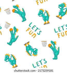 Seamless pattern with dinosaurs in cap play basketball. Vector kids illustration 