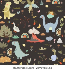 Seamless pattern with dinosaurs and cartoon nature on black background. Vector illustration for kids.