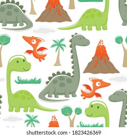 Seamless pattern of dinosaurs cartoon, prehistoric elements vector illustration