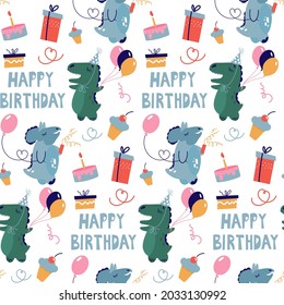 Seamless pattern with dinosaurs celebrating their birthday. Festive background with cute characters and gifts in the style of doodles.