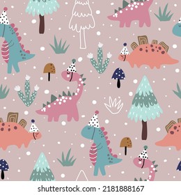 Seamless pattern with dinosaurs, Christmas trees, cactus, mushrooms, grass and snow on pink background. Christmas pattern.