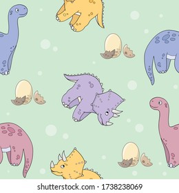 Seamless pattern with dinosaurs. Cute ancient animals for kids, vector illustration