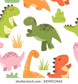 Seamless pattern with dinosaurs. Cute cartoon dinosaurs, children's print, vector.